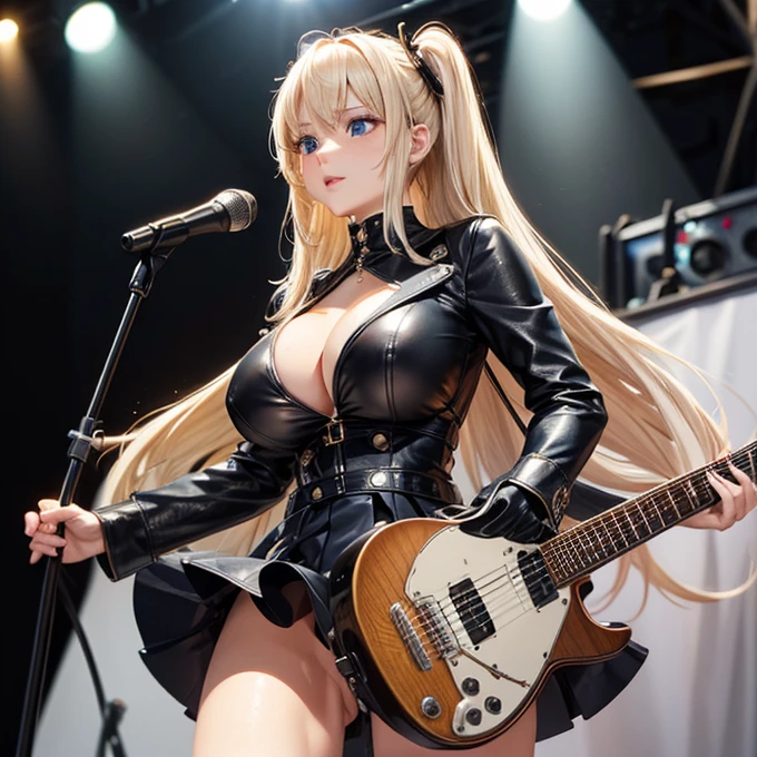 masterpiece、highest quality、High-quality images、High resolution、8k、1 Female、detailed、Photorealistic、Shiny Hair、Skin luster、detailedな目の描写、Platinum blonde long hair、Deep blue eyes、rock band、guitarist、Black Leather Stage Costume、mini skirt、concert、Spotlight、Fanaticism、music、Camel Toe、Giant tit、Nipple Puffs、Cleavage、Plump、Super big breasts、Super big butt