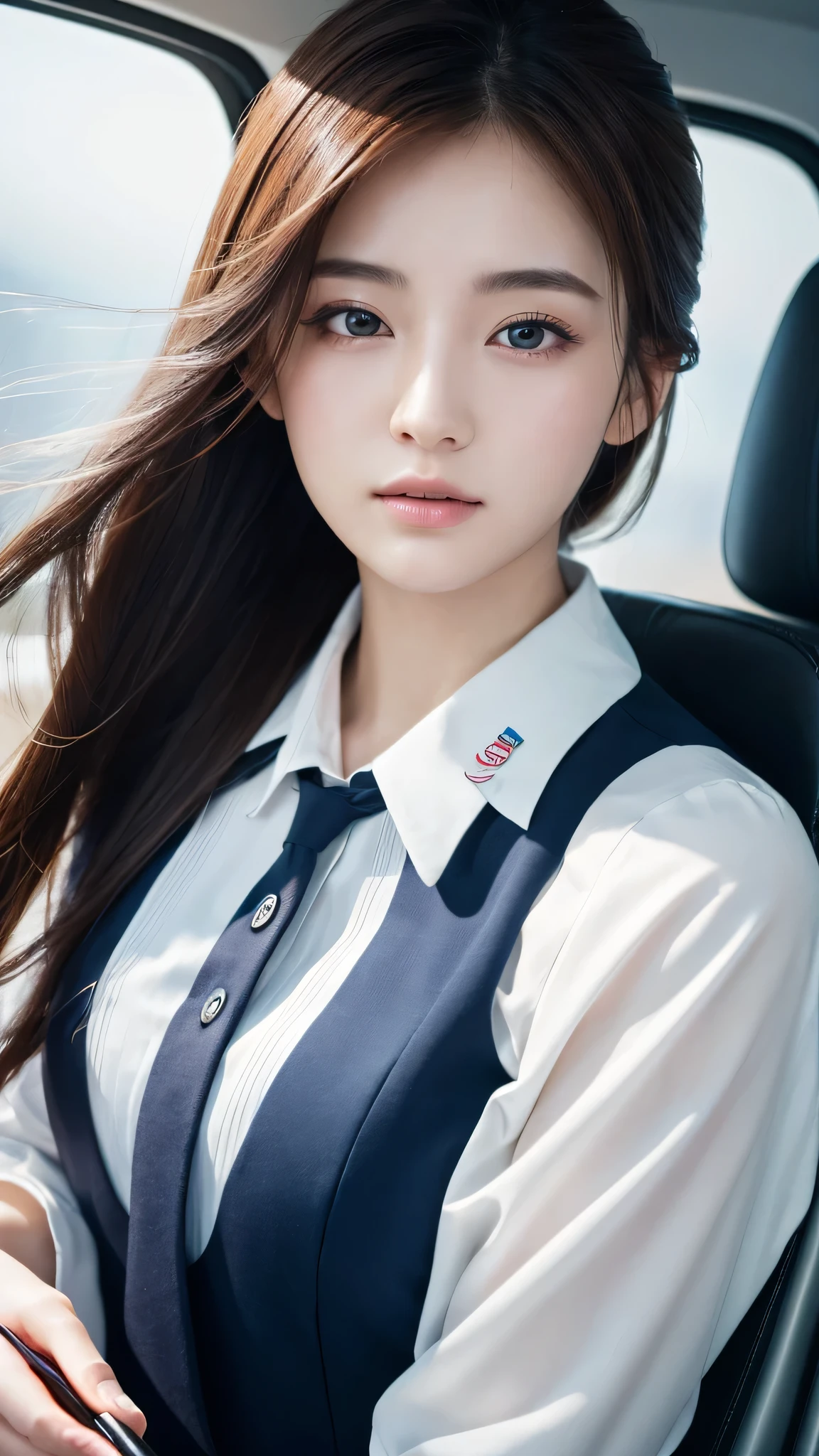 Super detailed, High resolution, Super detaileded, highest quality, wonderful, highest quality,Integrated 8K wallpaper, cinematic lighting, stewardess、20-year-old、Japanese、Brush your hair up with your fingers.