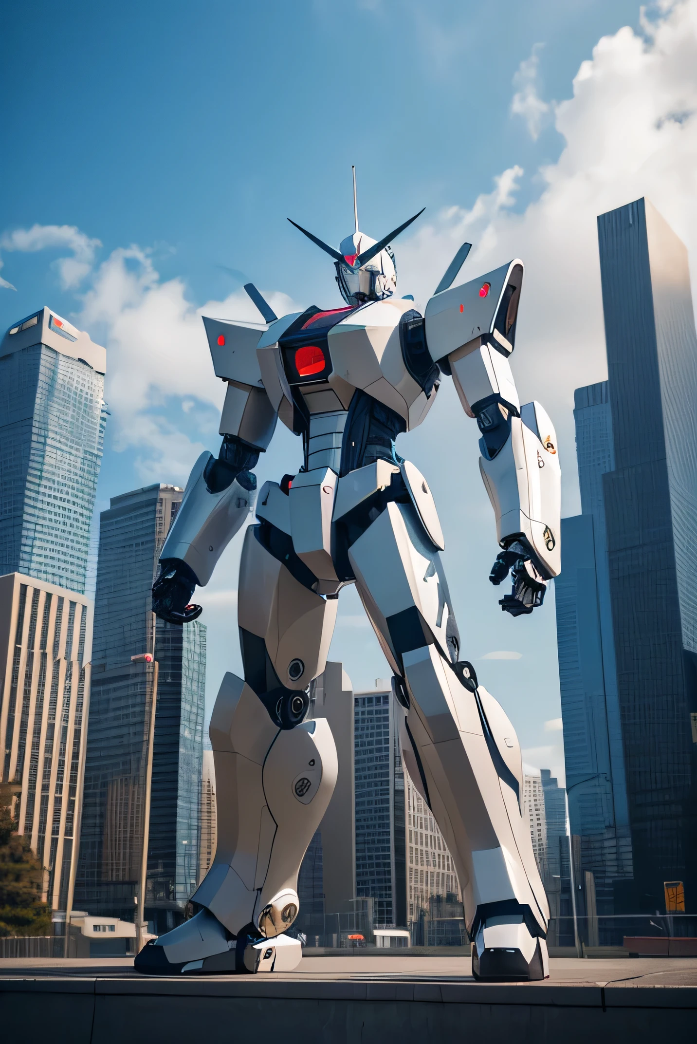 null, cloud, Holding_arms, no_human, shine, robot, architecture, Shine_eye, Mecha, SF, city, reality, Mecha, whole body