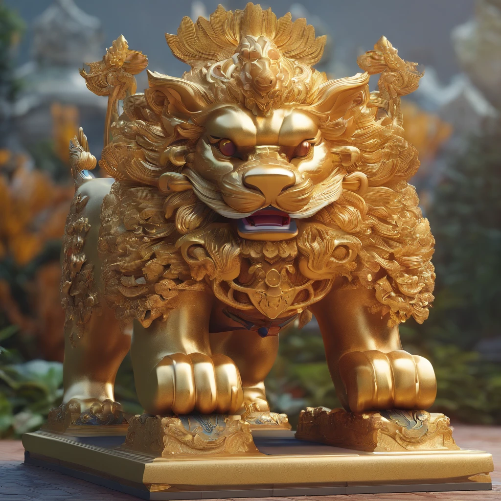 Cute guardian lion,Japanese style,shrine,Bright glow,Rich natural environment,High-definition depiction.