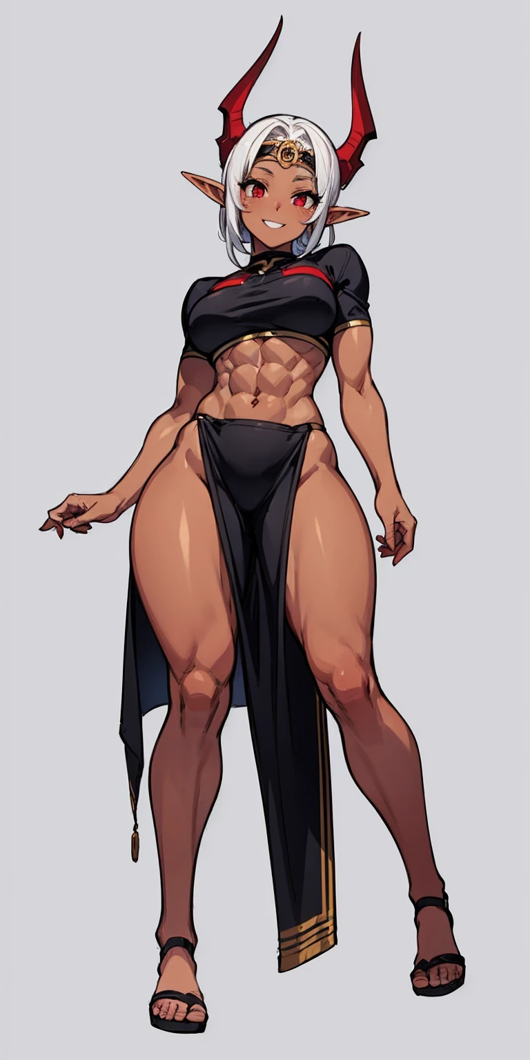 (Masterpiece, plain background:1.2) 1sologirl female full body, standing straight symmetrical feet together looking to camera view from below, strong abs, red cheeks smiling, dark elf, dark skin, long mess white hair, red eyes, circlet, 1990s style retro game
