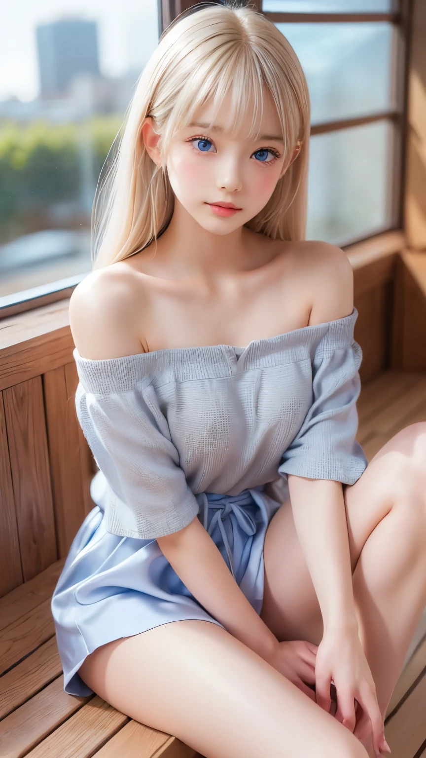 ((sfw: 1.4)), (( detailed face, cute face, detailed face, professional photography)), (( off-the-shoulder top, Shiny platinum blonde silk hair, beautiful shiny bangs, big clear sky blue eyes, very beautiful bright eye highlights, 1 Girl)), Ultra High Resolution, (Realistic: 1.4), RAW Photo, Best Quality, (Photorealistic Stick), Focus, Soft Light, ((15 years old)), ((Japanese)), (( (young face))), (surface), (depth of field), masterpiece, (realistic), woman, bangs, ((1 girl))