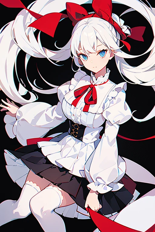 white hair,blue eyes, , long sleeves, ribbon, closed mouth, , white shirt, pleated skirt, frills, puffy sleeves, brown skirt, black thighhighs, red ribbon, neck ribbon