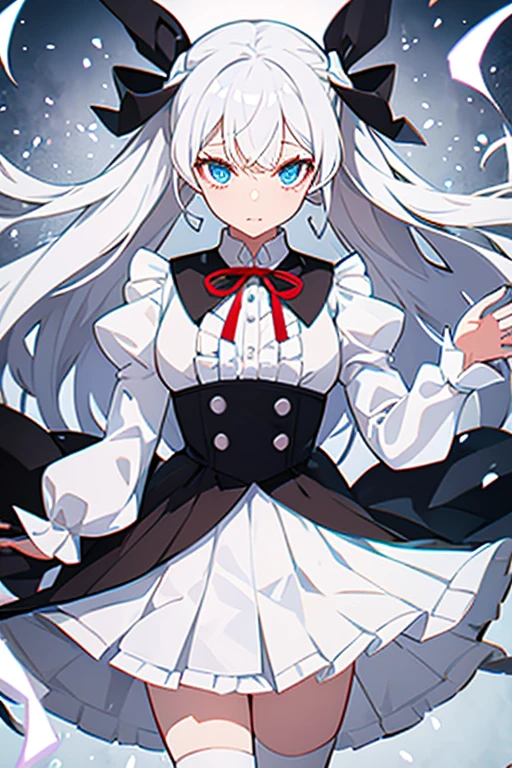 white hair,blue eyes, , long sleeves, ribbon, closed mouth, , white shirt, pleated skirt, frills, puffy sleeves, brown skirt, black thighhighs, red ribbon, neck ribbon