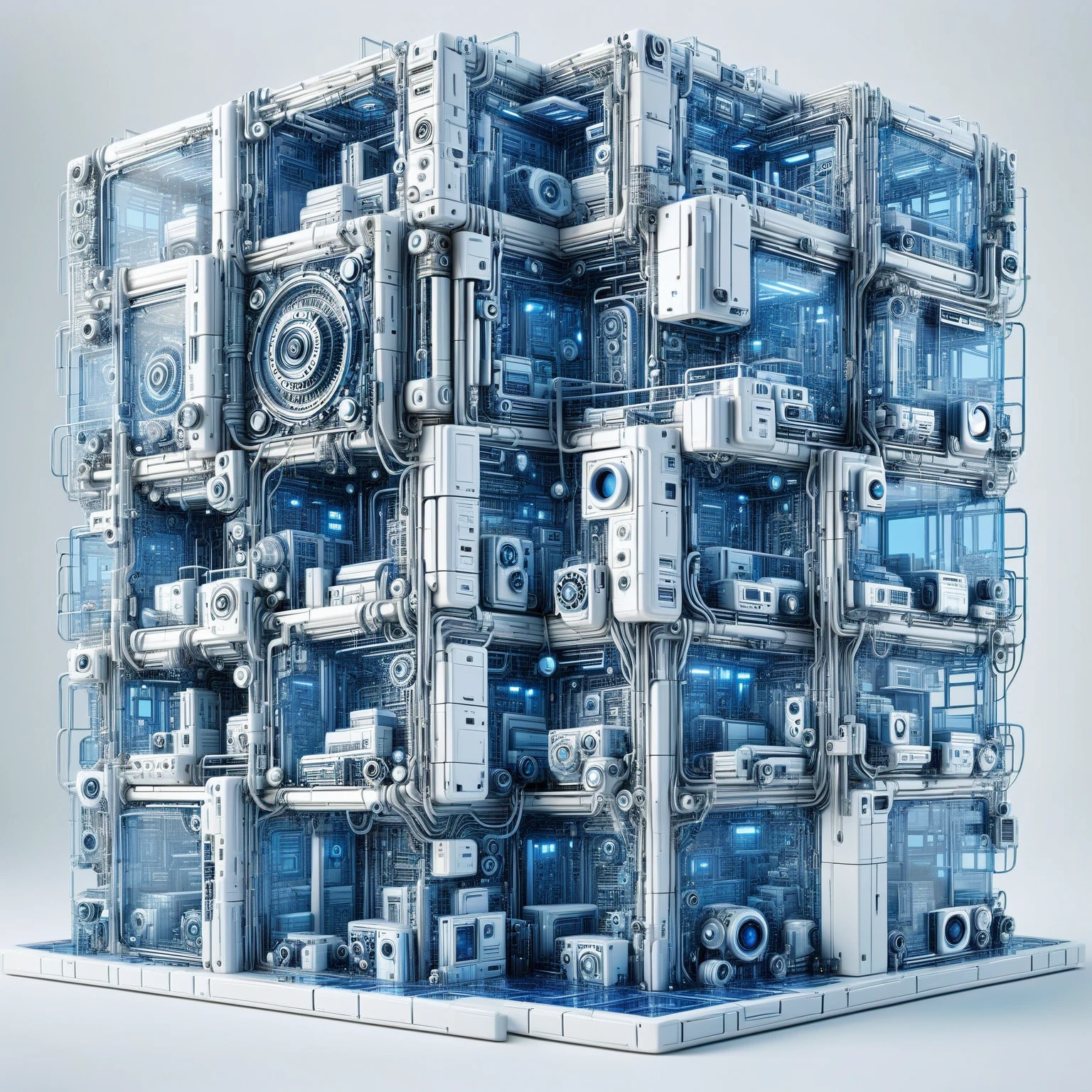 (Quilted paper art), Digital Art，Cyberpunk，(White ceramic housing)，blue transparent glass，3D rendering，ray tracing，Reasonable structure，Complex internal structure,(Clear lines, High sharpness,best quality, masterpiece, 4K ),ais-mechdystopia