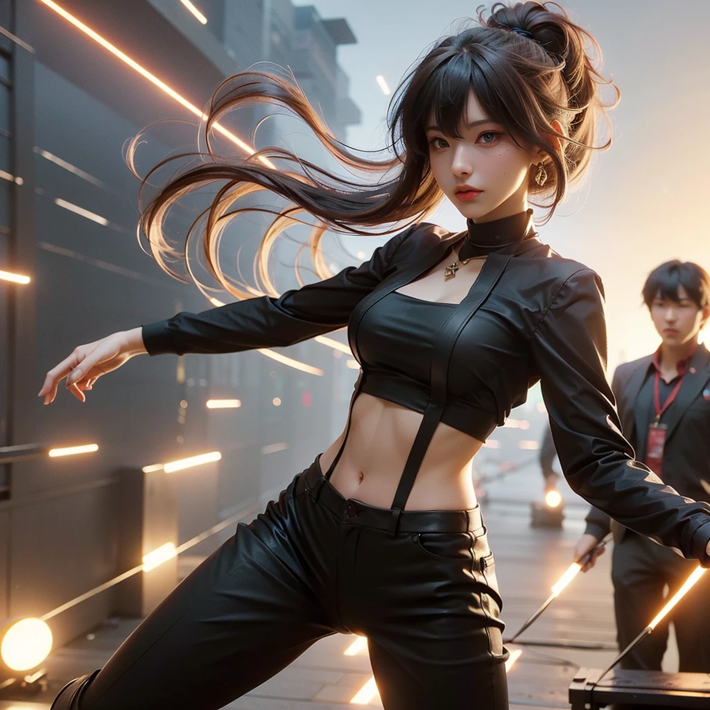 beautiful young russian woman, 8k, Perfect physique,Perfect proportions,detailed face, high quality, photorealistic, stunning eyes, long eyelashes, attractive facial features, flawless skin, light brown hair, tight waist, stylish clothes, necklace, active posing, rough long hairstyle, vivid colors, masterpiece, best quality、Random pose