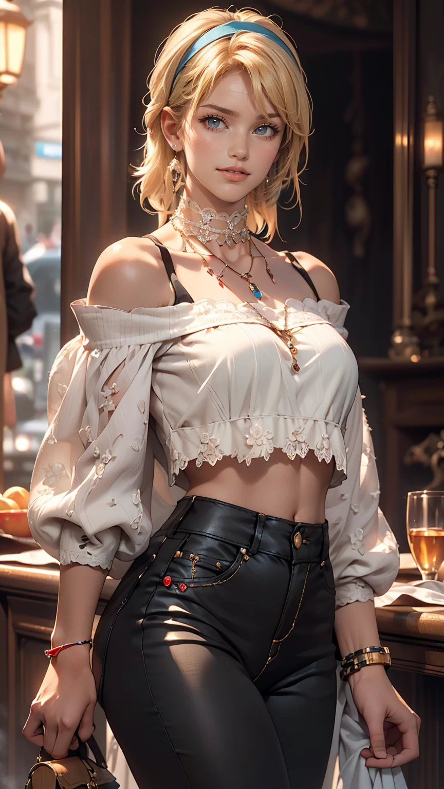 (8K, RAW Photos, highest quality, masterpiece:1.2), (Realistic, photo-Realistic:1.37)、Earrings, eyelash, pantyhose、セクシーな刺激的なsmile、 (Shiny skin:1.05)、Fashion model body type、Having her hair done、My chest is popping out、Wear accessories on your wrist、Wearing accessories on the ankle、Background blur((depth of field)、smile、White woman、Platinum Blonde、blue eyes、Vertical roll on one side((side drill))、Wear a lace-embellished off-the-shoulder top、Lower milk visible、I can see my belly button、Wear low rise leggings、Wear mules、smile、hair band((hair ribbon))、Wear a lace choker