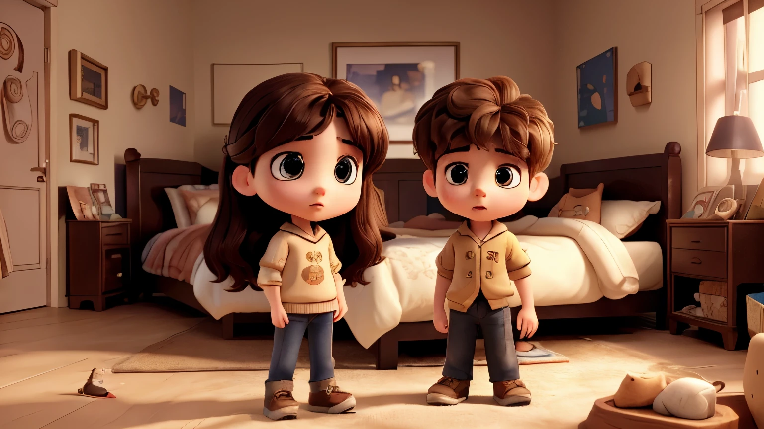 a young boy and girl with their dog , max standing by her bed, worried expression, detailed face, beautiful eyes, delicate facial features, long hair, indoor bedroom scene, soft lighting, detailed textures, photorealistic, high quality, (best quality,4k,8k,highres,masterpiece:1.2),ultra-detailed,(3d rendered)