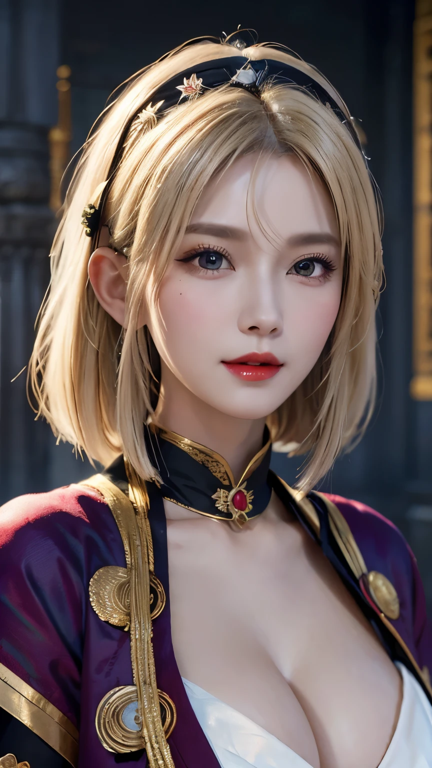 (Hyper Realistic), Ancient Shrine Maiden, Female Shaman, Huge Beauty, Peace of Mind, High Resolution, Real Short Hair, Blonde, Blonde Woman, Detailed Skin Texture, Ultra High Resolution, Realistic, Plump Figure, Smile, Middle-aged beauty, beautiful expression, detailed red-black areola, small purple airy long blonde hair, divine spirit, very delicate and detailed skin texture, 35 female shamans, (ancient gorgeous, luxurious temple), ancient priestess, big cleavage, plunging neckline, big red lips, (luxurious black costume and luxurious accessories), I have a gorgeous platinum cane
