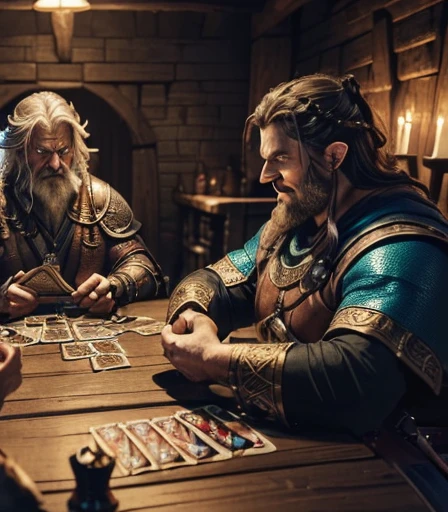 They are skeleton warriors, they are dragon warriors, they are wizards in hoods , they are elves, ((( 2 Cabal creatures are dueling on the card table , 2 creatures of darkness are battling on the card table, 2 mystical creatures are comforting each other on the card table )), He is laughing and holding a skull-shaped goblet full of drink., he is euphoric and very happy with his victory in the mystical card game, by He is sitting facing the viewer Holding his cards with both hands. He looks menacing, Just chubby plump extremely thick thighs (melhor qualidade,4K,8k,high resolution,obra de arte:1.2),ultra-detalhado,realista:1.37,homens,grown-up homens,old homens,fat white muscular homens,cabelo da barriga,large bulges, (((he is in a viking tavern holding magic cards with his hands, he is in a game of magic cards inside a bad tavern, he wears a mystical wizard's overcoat))). pants,camisa xadrez,barba,nojento,60-year-old homens,family,pai,barriga de urso,terno de abertura. Sentado na beirada da cama. apenas usando sunga no corpo. Looking at the spectator gesturing with his hands. Asking for your hand, pedindo um objeto., Se adequa, vetor, mwvetor, (((sitting in a luxurious armchair wearing only red swim trunks with open legs wearing socks with his hands on his thigh with his hands on the armchair , with one hand in his hair. Olhando para o expectador. )))