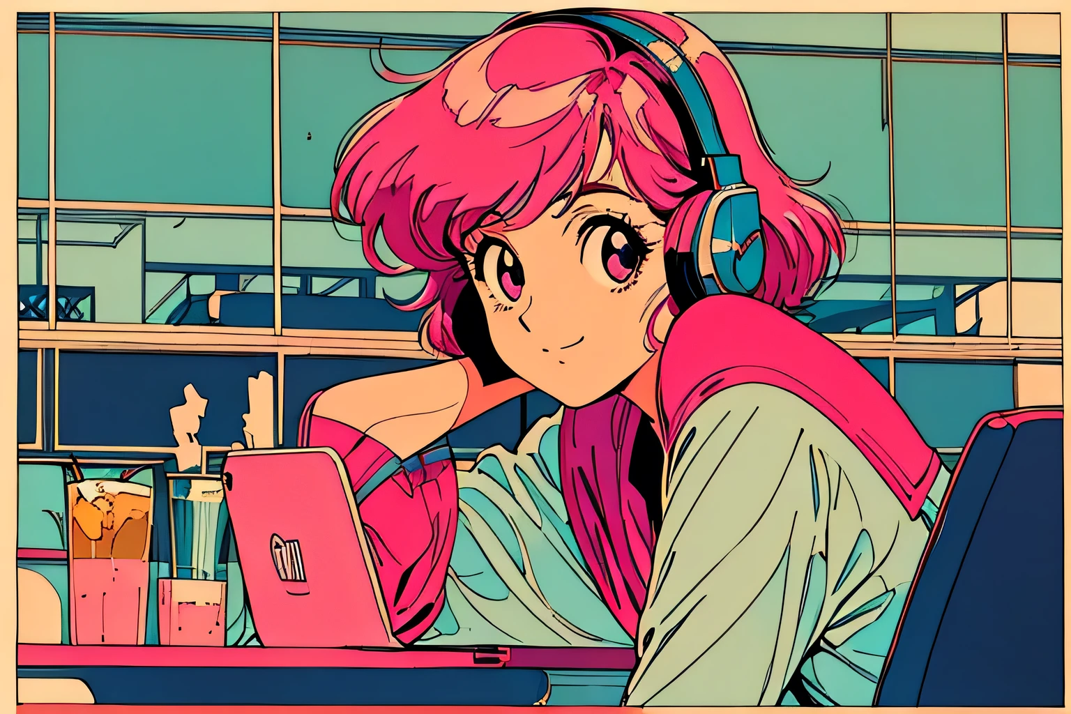 masterpiece, City Pop Style, Pink Hair, fluffy bob cut, Wearing headphones, Shoulder length, alone, Futuristic, still, praise, Retro, Vintage, Ghost, A light smile,
Drinking cocktails at a jazz bar, (( Wide Shot)), ((Wet day))、Looking at the textbook open on the desk、The laptop is on the desk
