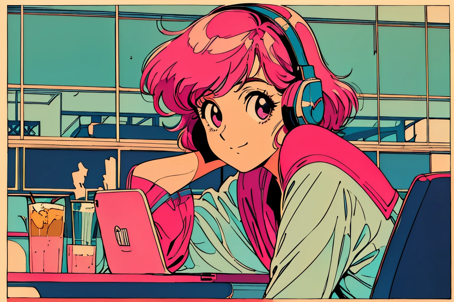 masterpiece, City Pop Style, Pink Hair, fluffy bob cut, Wearing headphones, Shoulder length, alone, Futuristic, still, praise, Retro, Vintage, Ghost, A light smile,
Drinking cocktails at a jazz bar, (( Wide Shot)), ((Wet day))、Looking at the textbook open on the desk、The laptop is on the desk