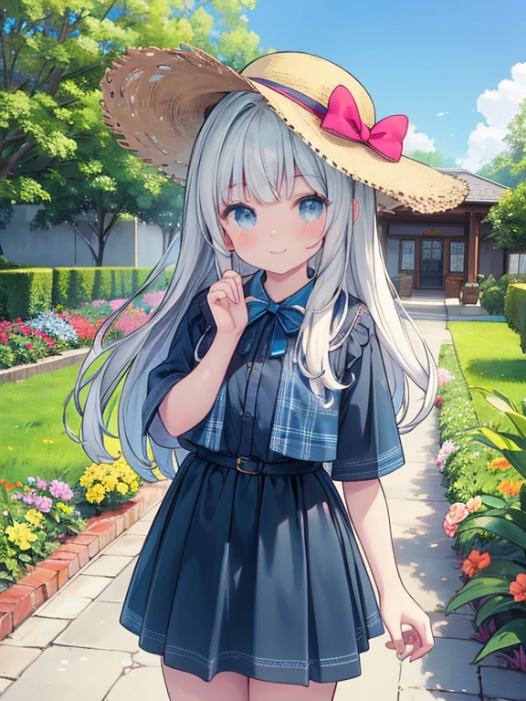 masterpiece, highest quality, Very detailed, 16k, Ultra-high resolution, Cowboy Shot, Detailed face, Perfect Fingers, 14-year-old girl, smile, Western-style building, garden