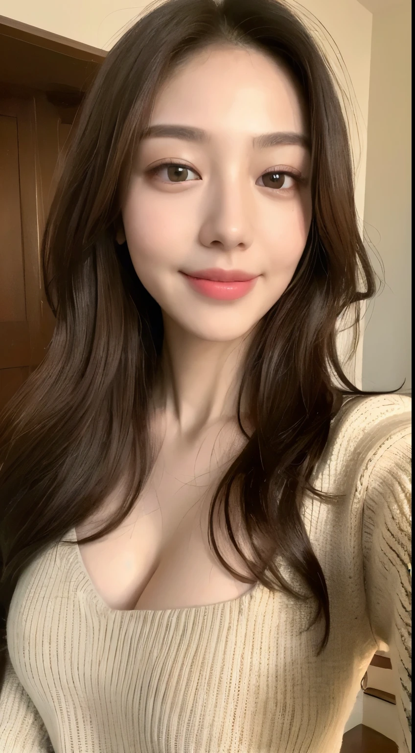 ((highest quality, 8k, masterpiece: 1.3)), One Girl, The beauty of slim abs: 1.3, (Long Hair、casual, Big Breasts: 1.2), Sweater with open chest: 1.1, Super Fine Face, Delicate eyes, double eyelid, smile, Home