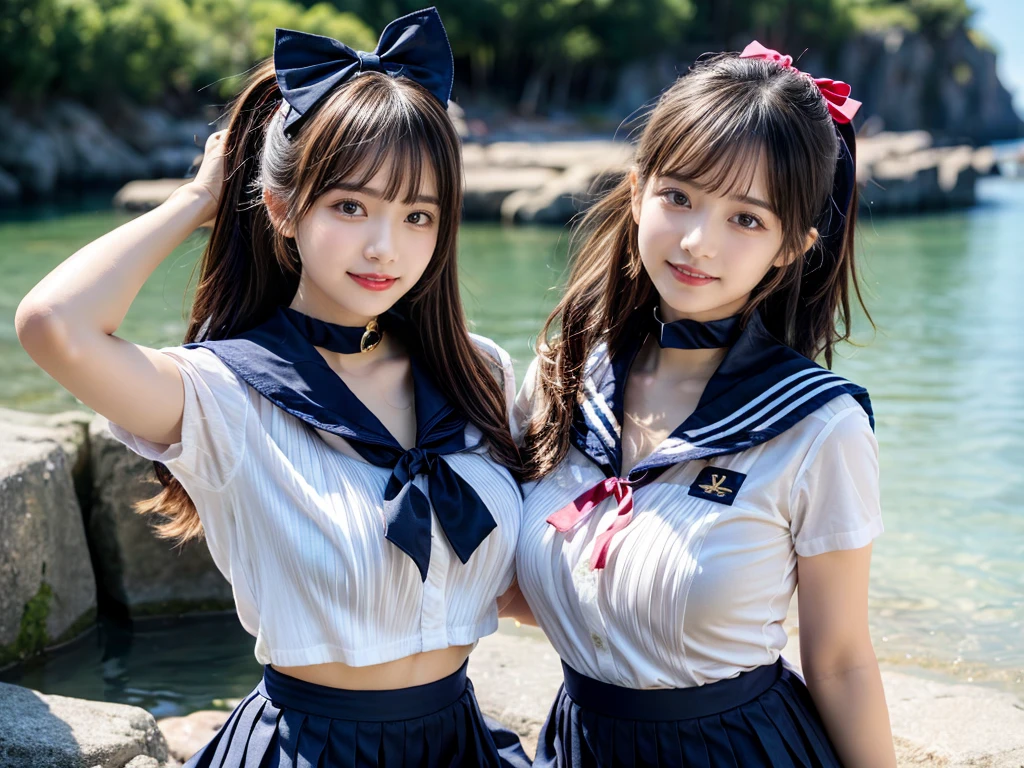 (((very heavy chest))),NSFW, 16k raw photos, highest quality, masterpiece, ultra high resolution, ((She is wearing Beautiful exposed redShe is wearing (a high school sailor uniform).
(navy sailor collar:1.4),(white shirt:1.4),(navy pleats skirt:1.4),(navy bow:1.4))).movie, ((2 girls, , 2 girls)),((attractive expression)),eyes shine、 looking at the viewer, natural skin texture very heavy chest))),((( metal black ribbon around the neck))).star handle mold、((yellow eyes)),Realistic eye and face details, lip whole, lipstick makeup), fluffy ponytail hair, laughter, Beautiful feet, tall woman, ((glowing skin)),((Beautiful armpit)), slim_feet, huge breasts, cleavage, beautiful natural places, beautiful flower garden、(detailed background,highly exposed, huge breasts, blurred background,, JK ribbon on the neck, jk ribbon, golden hair, bracelet, water, bangs, split your lips、armpit、beautiful hip line、glowing skin、(((eyes shine brightly))),lotion skin、High leg、((black hair)),highly exposed、Skimpy pink luxury fur coat、beautiful sea background、wind effect、