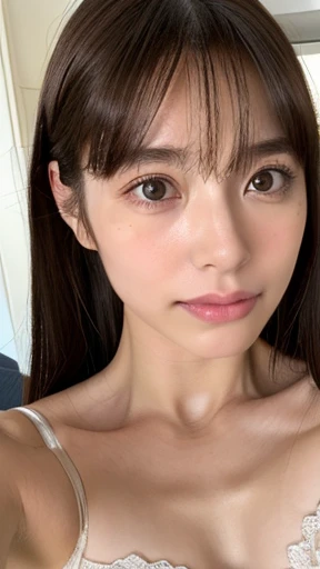 nswf, (selfie shot:2), ((flat chest:1.3)), bust size C cup, (extreme Close Up: from face to face:1.5),(from above:1.3),(wearing Bra Top:1.3),Bra top:Black, Top quality, 1 beautiful Japanese woman, ,(18 years old),long Hair, (brown hair:1.2), Ultra-realistic capture, Highly detailed, High resolution 16k close-up of human skin. Skin texture must be natural, With such detail that pores can be finely identified. Skin should look healthy, In a uniform tone. Use natural light and color,