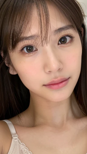 nswf, (selfie shot:2), ((flat chest:1.3)), bust size C cup, (extreme Close Up: from face to face:1.5),(from above:1.3),(wearing Bra Top:1.3),Bra top:Black, Top quality, 1 beautiful Japanese woman, teen,(18 years old),long Hair, (brown hair:1.2), Ultra-realistic capture, Highly detailed, High resolution 16k close-up of human skin. Skin texture must be natural, With such detail that pores can be finely identified. Skin should look healthy, In a uniform tone. Use natural light and color,