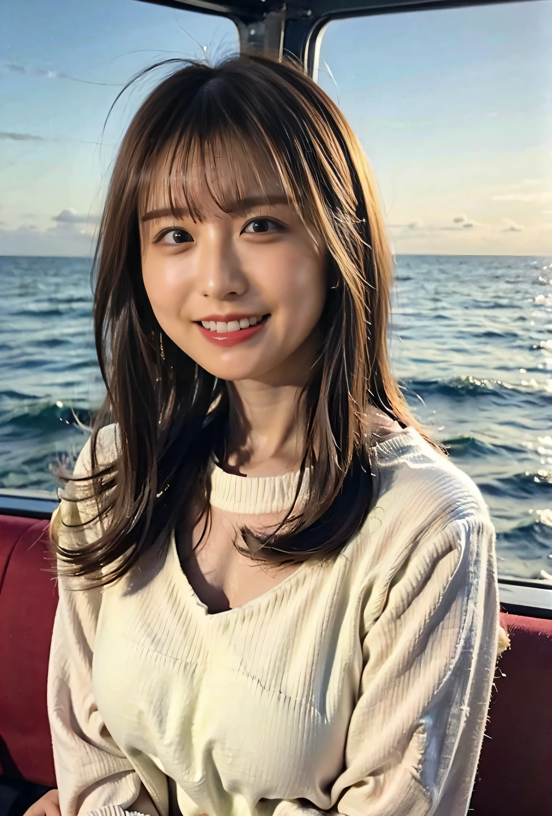 Side Ponytail、Brown Hair、The sky was dyed red、A woman in a cute outfit is sitting on a boat and watching the sunset、Her huge breasts are obvious even through her clothes.、The shining sun is so beautiful、Dusk is coming、Lens flare、I can see the sun setting、((Sunlight reflecting off the ocean、Ocean View、The sun shines on the sea、'beautiful.、Small earrings、It'evening、Birds are also flying、、Brown Hair Color、Tie your hair、The woman is on the right:1.4))、Luxury Leather Belts、Shiny clothes、Light beige hair color、Background Blur、Braid only the front hair、Light brown hair、{{Cowgirl Shot}}、((Close-up shot from the waist up、Big Breasts:1.4))、Big Breasts、Smile、Silk clothing、Big Breasts that can be seen even through clothes、Braid only the front hair、Cowboy Shot、Gorgeous white collared silk shirt and brown skirt、Dress elegantly、Luxury Bags、A lovely smile、((airplane in the background、I'Coming to the airport))、Full body photo、ring、Short skirt、Tuck your hair behind one ear、Silver Necklace、smile、 Elegant ponytail、Caustics、Highly detailed photos、Very beautiful and ideal short hair、Big Breasts、Super no makeup、(8k、RAW Photos、highest quality、masterpiece:1.2)、(Realistic、Realistic)、1 girl、((Big Breastsショートヘア、Looking into the camera:1.4))、Hair blowing in the wind