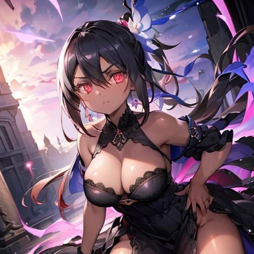masterpiece, high quality, 4K, Beautiful design, Shiny, Award-winning photo, Very detailed, wonderful, The finer details, Absurd, Very detailed woman, Very detailed ,  Black Dress、Red eye contact lenses、Breast size D、I can see the chest、（One Girl) ,(((Dark skin)))、 Dynamic Angle , Official Art , Are standing , Bottom View