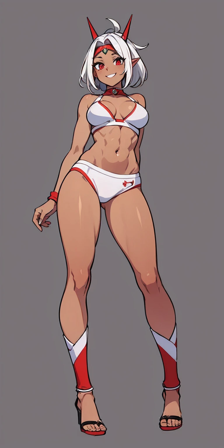 (Masterpiece, plain background:1.2) 1sologirl female full body, standing straight symmetrical feet together looking to camera view from below, strong abs, red cheeks smiling, dark elf, dark skin, long mess white hair, red eyes, circlet, 1990s style retro game