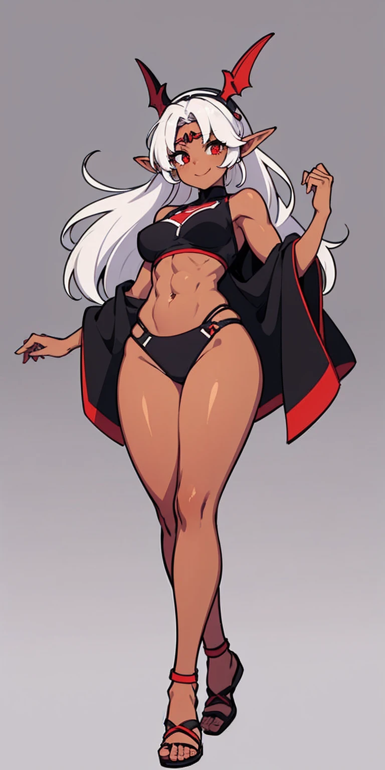 (Masterpiece, plain background:1.2) 1sologirl female full body, standing straight symmetrical feet together looking to camera view from below, strong abs, red cheeks smiling, dark elf, dark skin, long mess white hair, red eyes, circlet, 1990s style retro game