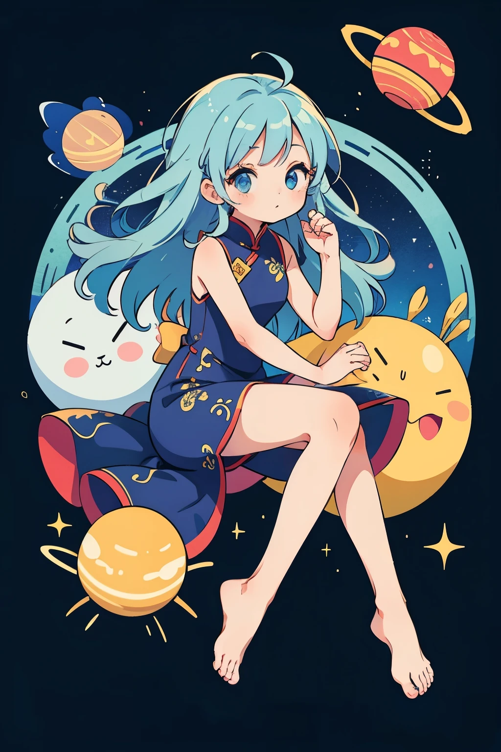 ((highest quality)), ((masterpiece)), (detailed), Perfect hands,Perfect legs,Perfect FingersCreate an anime-style image of a cute yet mature -yeld giin a chibi (deformed) style with a gravity and planetary theme, against a plain white background. She has a calm and serene expression, with long, flowing light blue hair that gently floats as if in zero gravity. Depict her lying down horizontally, with her body slightly arched, as if she's gracefully floating in space. Ensure that her entire body is visible, from head to toe. Her hands are tucked into her sides, adding to the relaxed and carefree atmosphere. She wears a traditional Chinese dress, specifically a cheongsam (qipao), in a vibrant yellow color, with cosmic-themed patterns and colors. The dress is sleeveless, emphasizing her arms and shoulders. Accessories such as small planets or stars are attached to her hair and outfit. Focus on the character's details, and emphasize an adorable yet mature appearance, without any surrounding objects.beautiful fingers,beautiful hands,fingertip,nail,