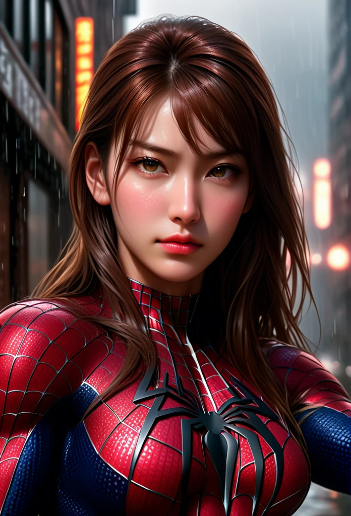 score_9, score_8_up, score_7_up, best quality, realistic, masterpiece, beautiful detail, hyperrealistic, 1girl, beautiful face, on a building, rainy scenery, professional model, amazing detailed full body portrait of a beautiful korean girl wearing a realistic and highly detailed raimi spider-man suit, suit covered entire body and hand, black spiderman gloves, wet, (lying), long hair, (full body), (dirty skin), muscular bodybuilder girl, close up, octane render, highly detailed, volumetric, dramatic lighting, (highest quality:1.1), (HDR:1.3), (top quality, best quality), realistic, high definition,