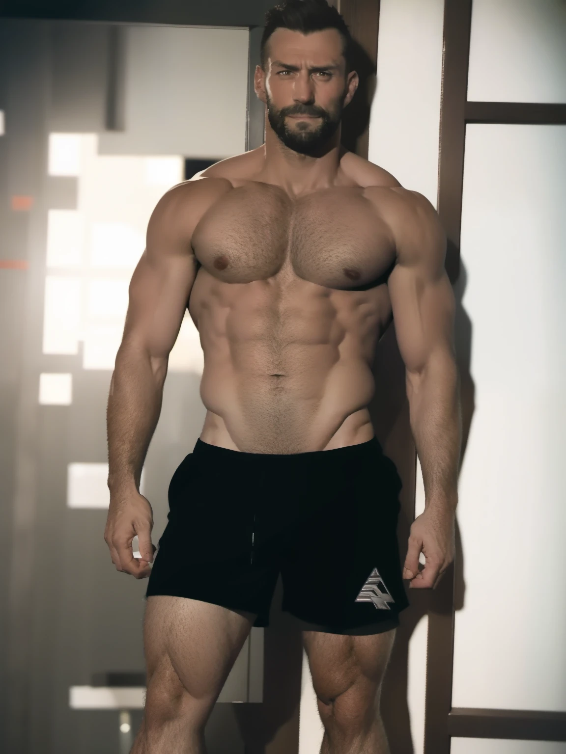 tall handsome man with short beard, daddy, dark tattoos, lean fit body, black shirt, 30yo, dynamic lighting, lean body, black belt, silver emblem on shirt, character sheet, man spread, laid back personality, full body, grey short hair, gym shorts, gym shoes, muscle thighs, white socks,