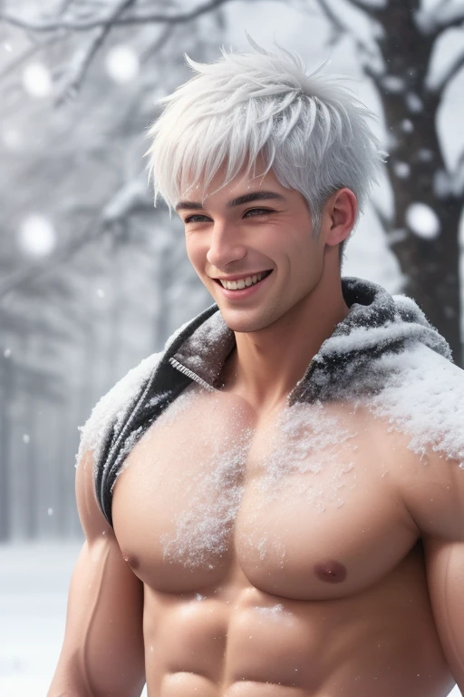best quality,masterpiece,Ultra high detail,A handsome muscular man,Short white haired Fractal Jack Frost, shirtless in the snow . playing with the snow , smiling