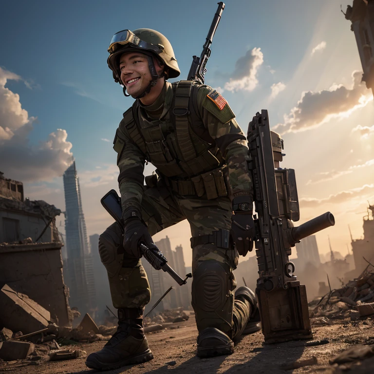 (masterpiece:1.4), (highest quality, 8k, Super detailed, Realistic), Incredible detail, Very detailed explanation, Soldier with a gun,Smile and hold out your hand,In the ruined city,(The helmet has black goggles to protect the eyes.), Huge black ants wriggling in the distance,Very sophisticated