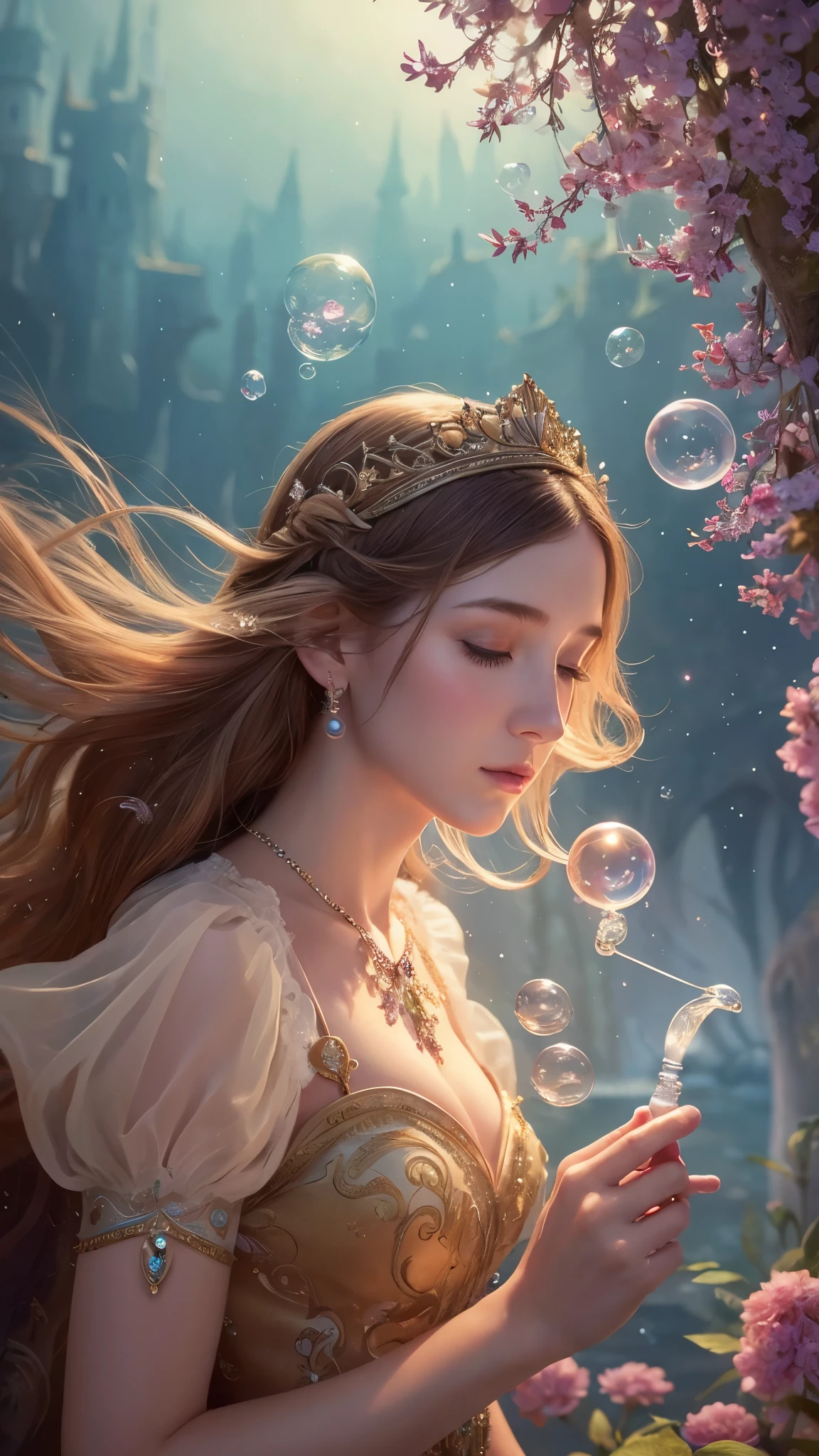 A painting of a woman in a dress blowing bubbles, Barbaric and Wow, Mysterious Bubbles, Moebius + Barbaric + Wow, Dreamy details, intricate Wow, A close-up fantasy using the magic of water, fairy tale artwork, Fairy tale painting, Anna Dittmann style, Wow art, Realistic fantasy painting, Artgerm Julie Bell Beeple