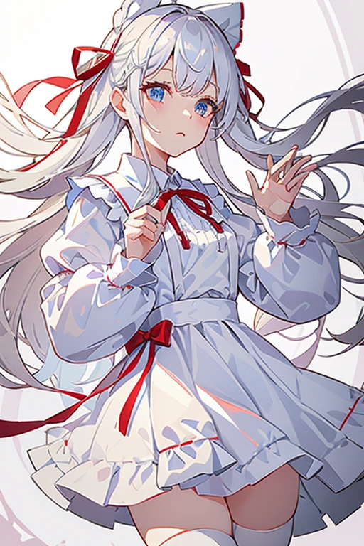 white hair,blue eyes, , long sleeves, ribbon, closed mouth, , white shirt, pleated skirt, frills, puffy sleeves, brown skirt, black thighhighs, red ribbon, neck ribbon