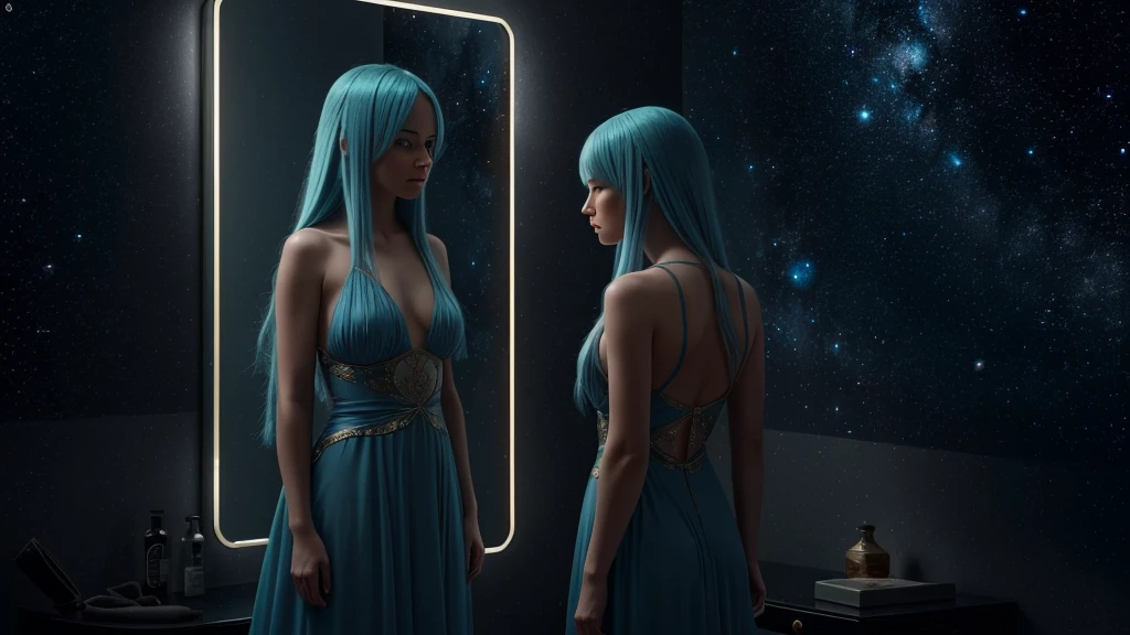 Create a high-quality, 8K ultra-high resolution image of a woman with long, light blue hair standing on a beach, looking to the mirror. She is looking at her reflection which has a blurred face, conveying an eerie and melancholic aura. The background features a breathtaking, overcast sky in shades of gold, red, and orange, adorned with visible galaxies and stars, adding to the somber and otherworldly mood of the scene. Use high contrast and low saturation to emphasize the detailed anatomy-based character design and the emotional depth of the composition.