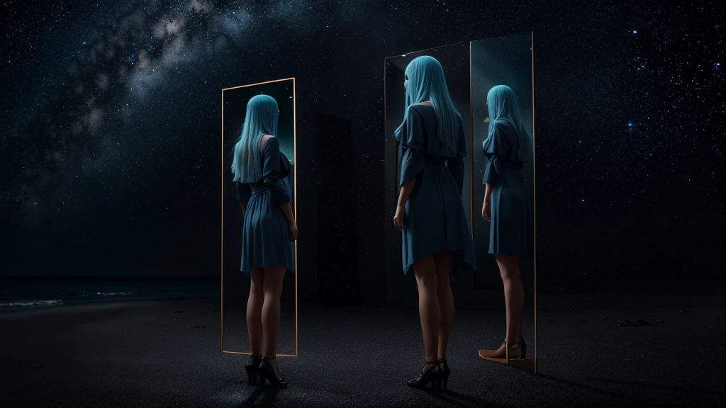Create a high-quality, 8K ultra-high resolution image of a woman with long, light blue hair standing on a beach, looking to the mirror. She is looking at her reflection which has a blurred face, conveying an eerie and melancholic aura. The background features a breathtaking, overcast sky in shades of gold, red, and orange, adorned with visible galaxies and stars, adding to the somber and otherworldly mood of the scene. Use high contrast and low saturation to emphasize the detailed anatomy-based character design and the emotional depth of the composition.