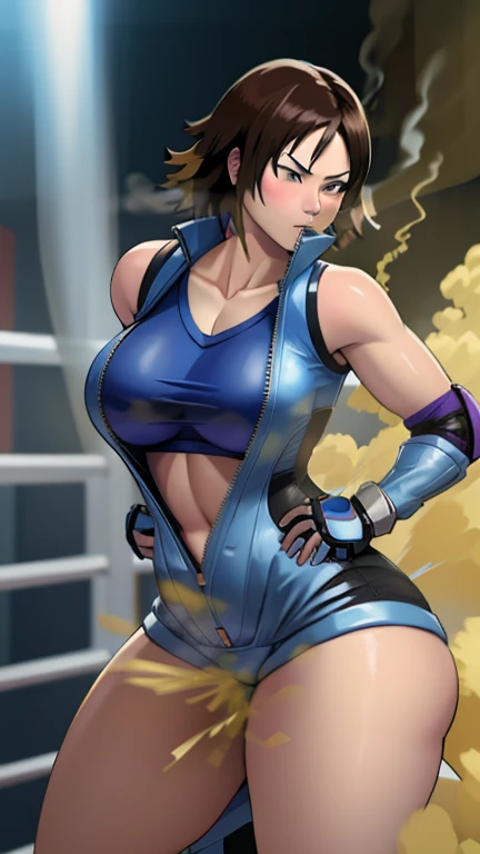  Asuka kazama, wearing default outfit, fine details, big breasts, bending forward, farting, massive fart, yellow smoke rising, leaning