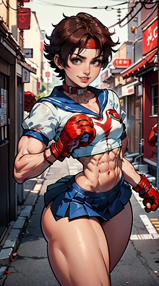 (Muscular:2.5), (thick thighs:2.5), 
(sakura kasugano, brown hair, short hair:2), (brown eyes:1.7), 
(eyeshadow, lipstick), 
detailed eyes, (big smile:1.8), detailed skin,
(flat chest:2.5),
(blue skirt, crop top, headband, midriff, miniskirt, navel, sailor collar, school outfit, short sleeves, skirt, stomach, shirt, white shirt, white headband, gloves, red gloves:2), 
(upper body view:1.6), (looking at viewer), (three quarter view:1.3),
(japanese street:1.3), rim lighting, two tone lighting, dimly lit