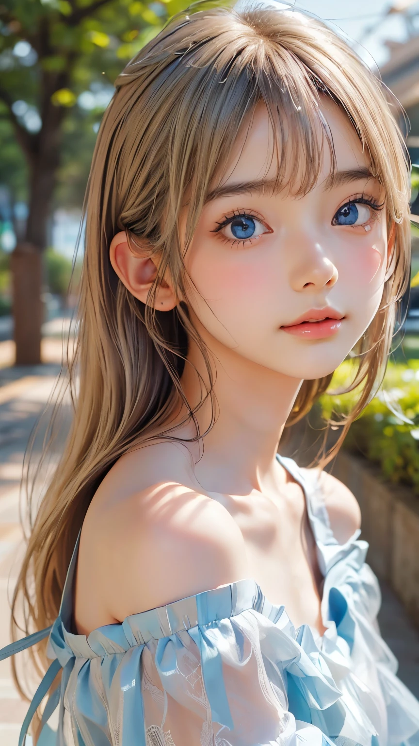 ((sfw: 1.4)), (( detailed face, cute face, detailed face, professional photography)), ((from side)), (( off-the-shoulder top)), (( Shiny platinum blonde silk hair, beautiful shiny bangs, big clear sky blue eyes, very beautiful bright eye highlights, 1 Girl)), Ultra High Resolution, (Realistic: 1.4), RAW Photo, Best Quality, (Photorealistic Stick), Focus, Soft Light, (()), (( (young face))), (surface), (depth of field), masterpiece, (realistic), woman, bangs, ((1 girl))