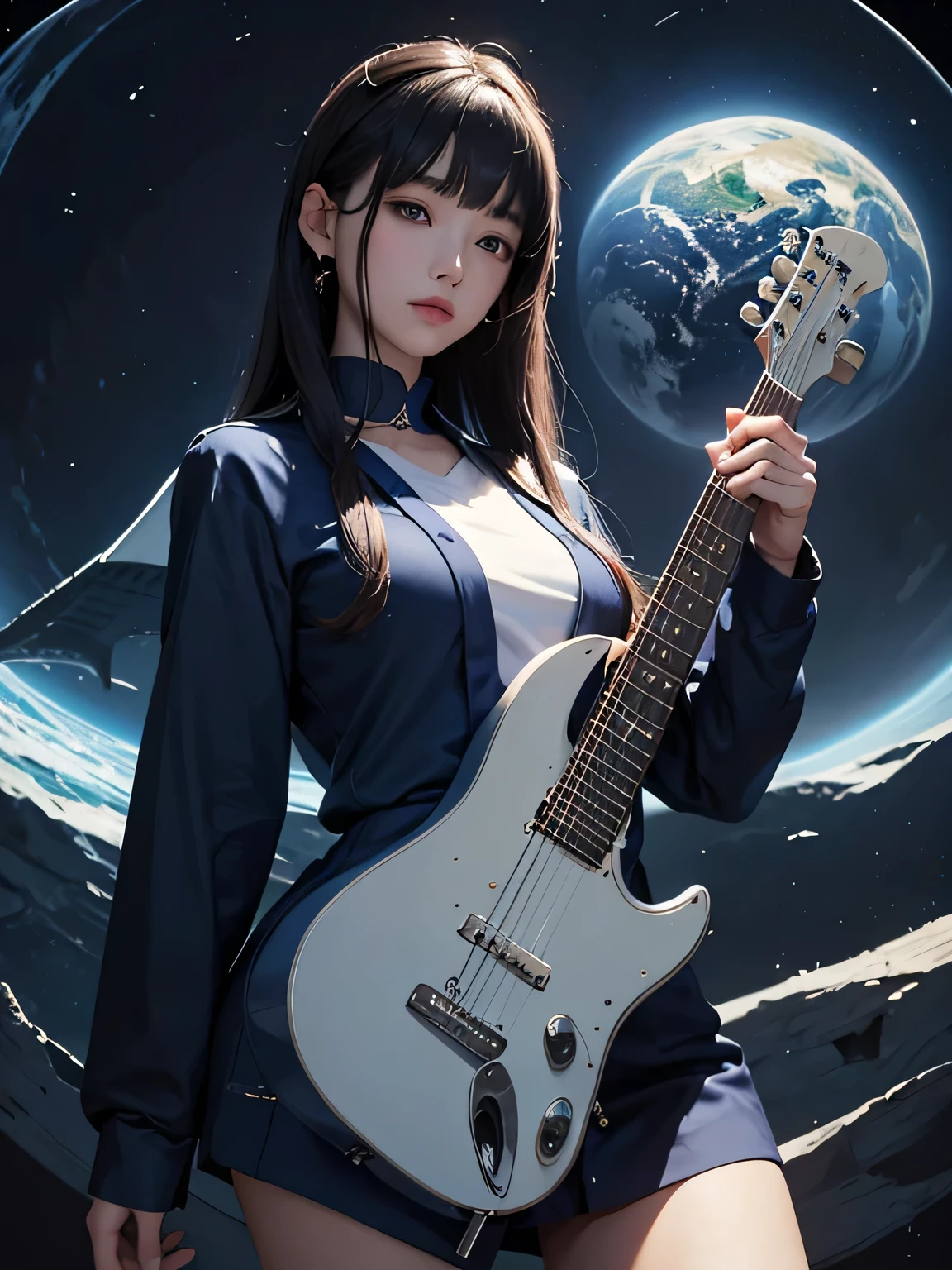 Navy blue sailor suit、Surreal, Mysterious, strange, Fantasy, Fantasy, Science fiction, Japanese anime, The myth of a beautiful girl playing the guitar, Perfect voluminous body, A masterpiece with attention to detail 、