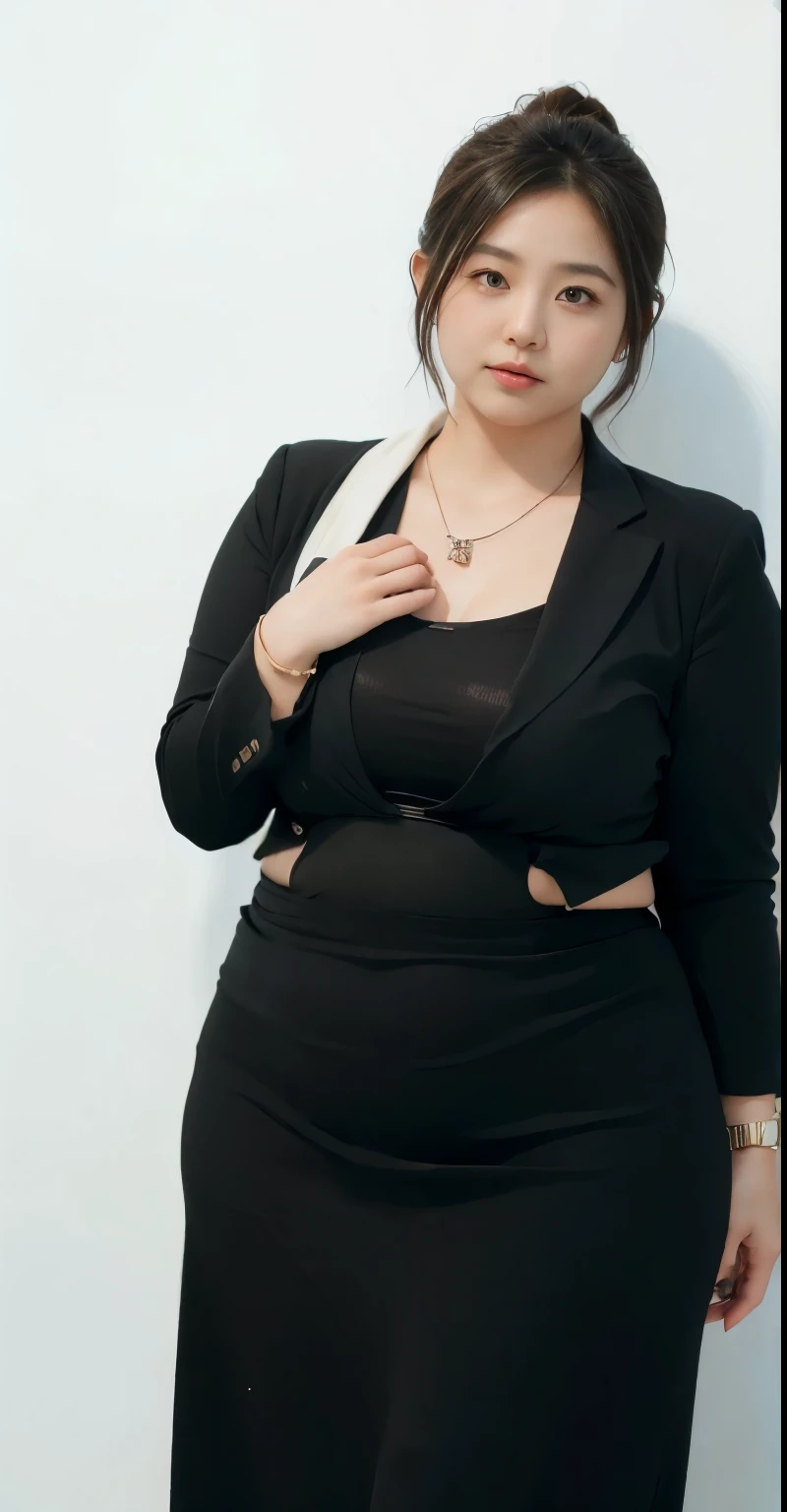 realisitic、Curvaceous woman in long hijab standing alone, Woman in black business suit with hijab, with a business suit on, businesswoman, Woman in business suit with hijab , Wearing a white collar shirt under a suit、thick skirt、tight skirts、Girl in a suit, female in tight office dress, , Girl in suit, young business woman, in a business suit, business outfit, Wear a suit、Office Suits、、professional photograpy、Does not expose the skin, Japanese Models,、,The skin is not exposed、fleshy body, large boob、 hard 、、big butts、Big belly、thick waist、Body without tone、thick thight、thick arms、Round face、Fat face、chubby cheeks、Sauce order、big eye、A dark-haired、short-haired、Standing facing the front、Left hand pose on the hip、Right hand is down in a pose、Straight back posture、Sun background、chinese-Indonesian woman , full body , bracelet , necklace , , short hairstyle , fat belly , thick hips , dark room , baby face , chubby cheeks , black room , wearing sneakers