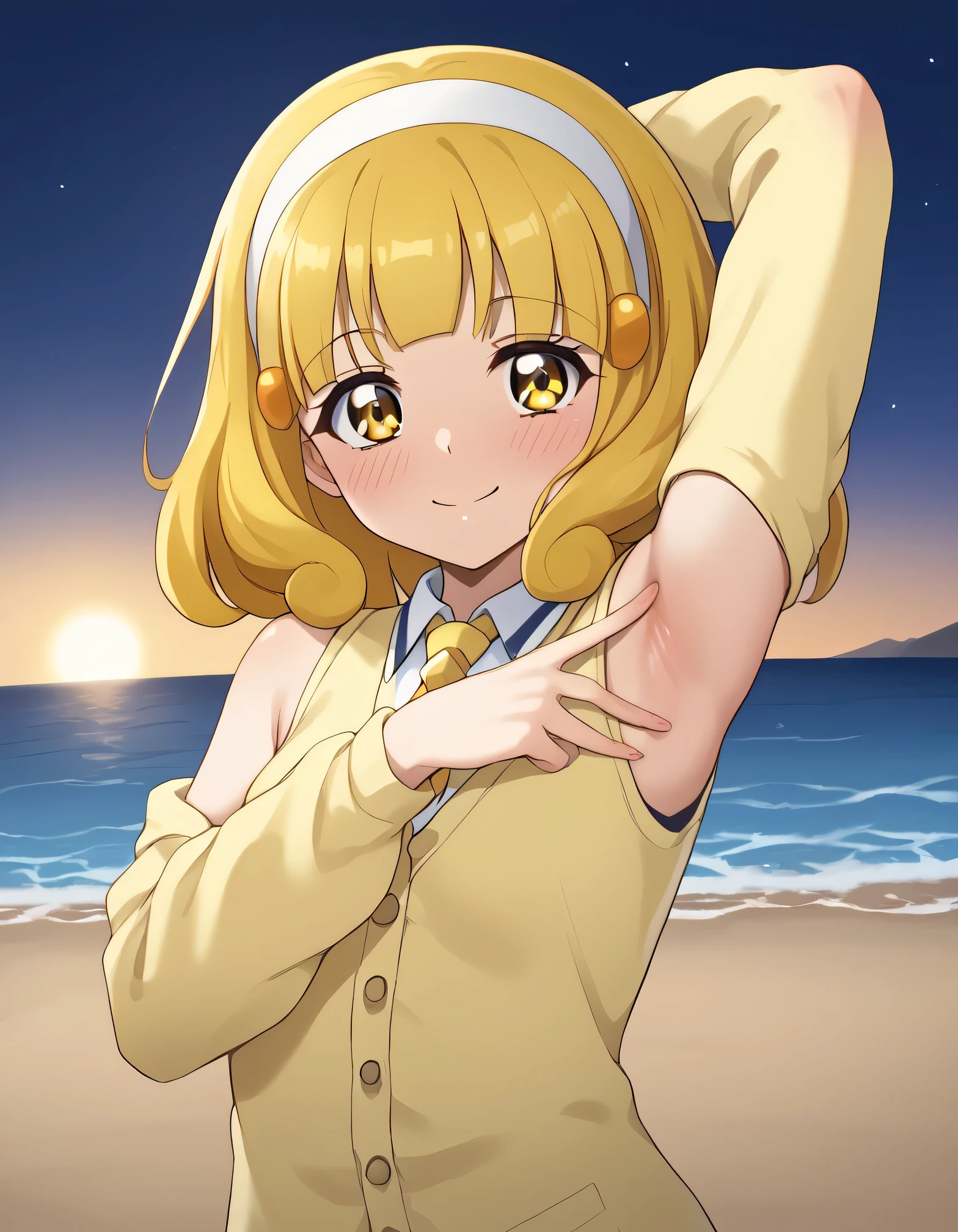 score_9, source_anime, rating_safe BREAK 1girl, solo
kise yayoi, yellow hair, yellow eyes, white hairband, hair ornament, medium hair, nanairogaoka middle , yellow necktie, yellow cardigan, (cowboy shot:1.5), solo, night sky, beach, arm behind head, contrapposto, spread armpits, looking at viewer, best quality, closed mouth, shy, presenting armpit, hand on own armpit, blushing, smile, sleeveless,