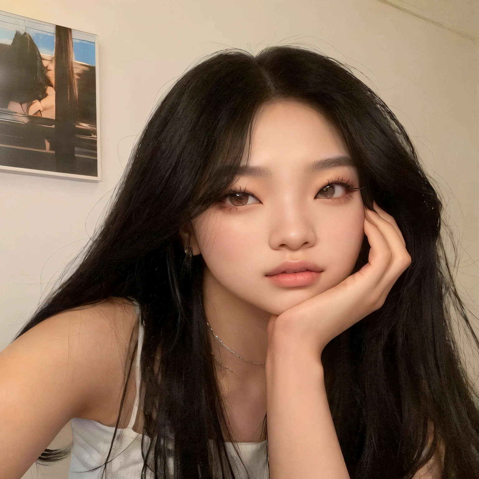 arafed asian woman with long black hair and a white tank top, jennie of blackpink, kim jennie, korean girl, pretty girl, ulzzang, portrait jisoo blackpink, headshot profile picture, beautiful south korean woman, portrait of jennie blackpink,kim jennie, pretty doe eyed girl placing her hand on her face 