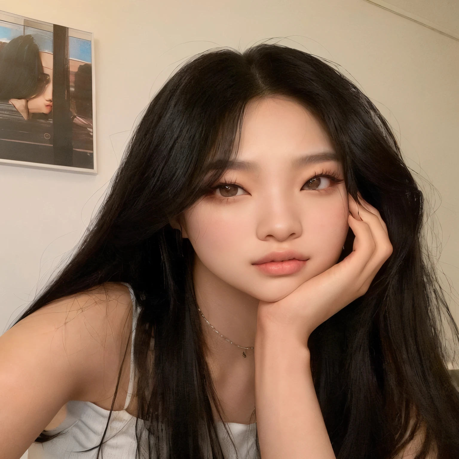 arafed asian woman with long black hair and a white tank top, jennie of blackpink, kim jennie, korean girl, pretty girl, ulzzang, portrait jisoo blackpink, headshot profile picture, beautiful south korean woman, portrait of jennie blackpink,kim jennie, pretty doe eyed girl placing her hand on her face