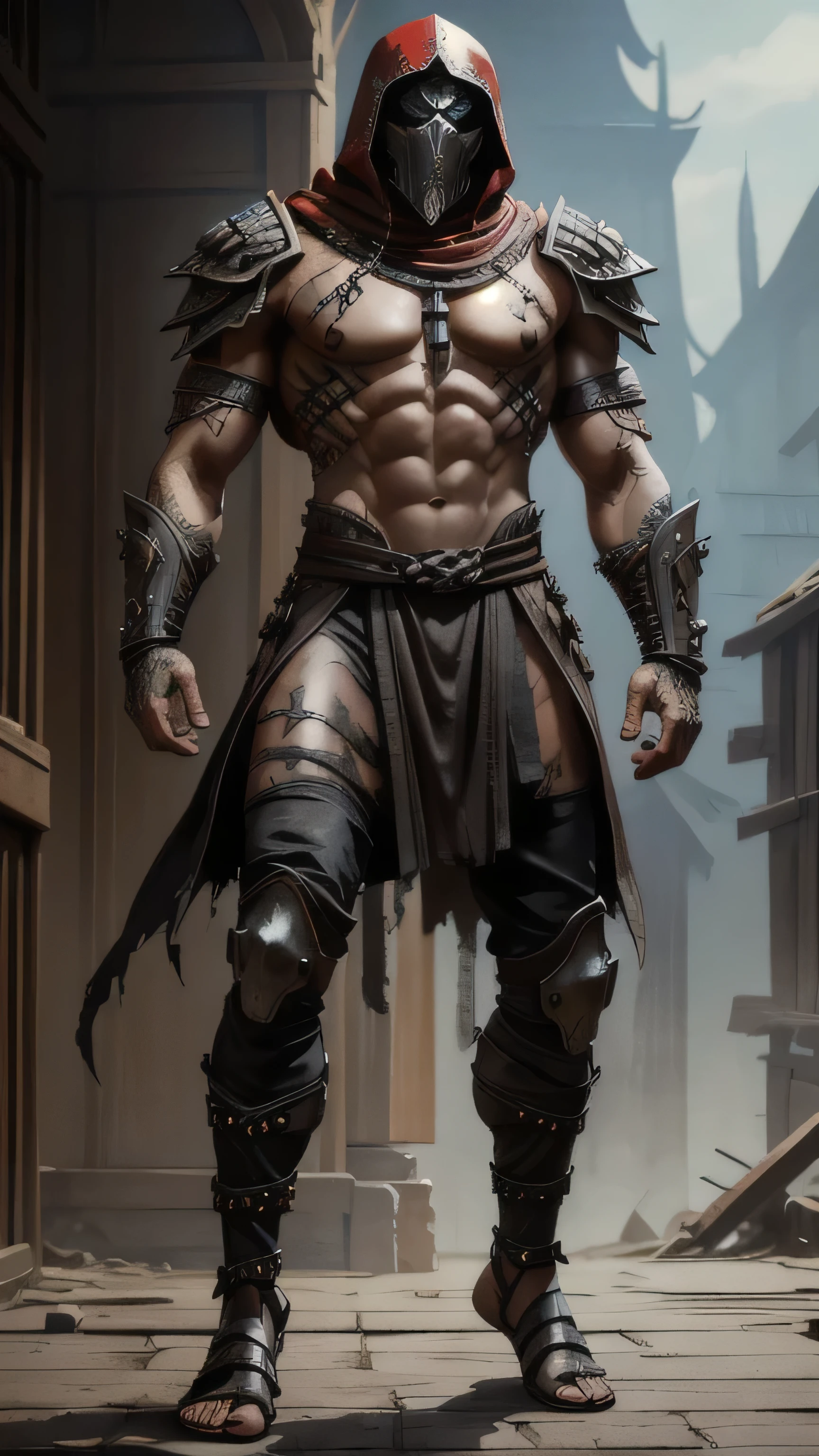 Havik from Mortal Kombat, skeleton humanoid, armor helmet, tattered asymmetrical garments, crimson torn robes, mismatched pieces of fabric, layers, hooks, chains, piercings protruding from different parts of his body, scars, wounds, 1man, solo, full body view, front view, looking at viewer, intricate, high detail, sharp focus, dramatic, photorealistic painting art by greg rutkowski