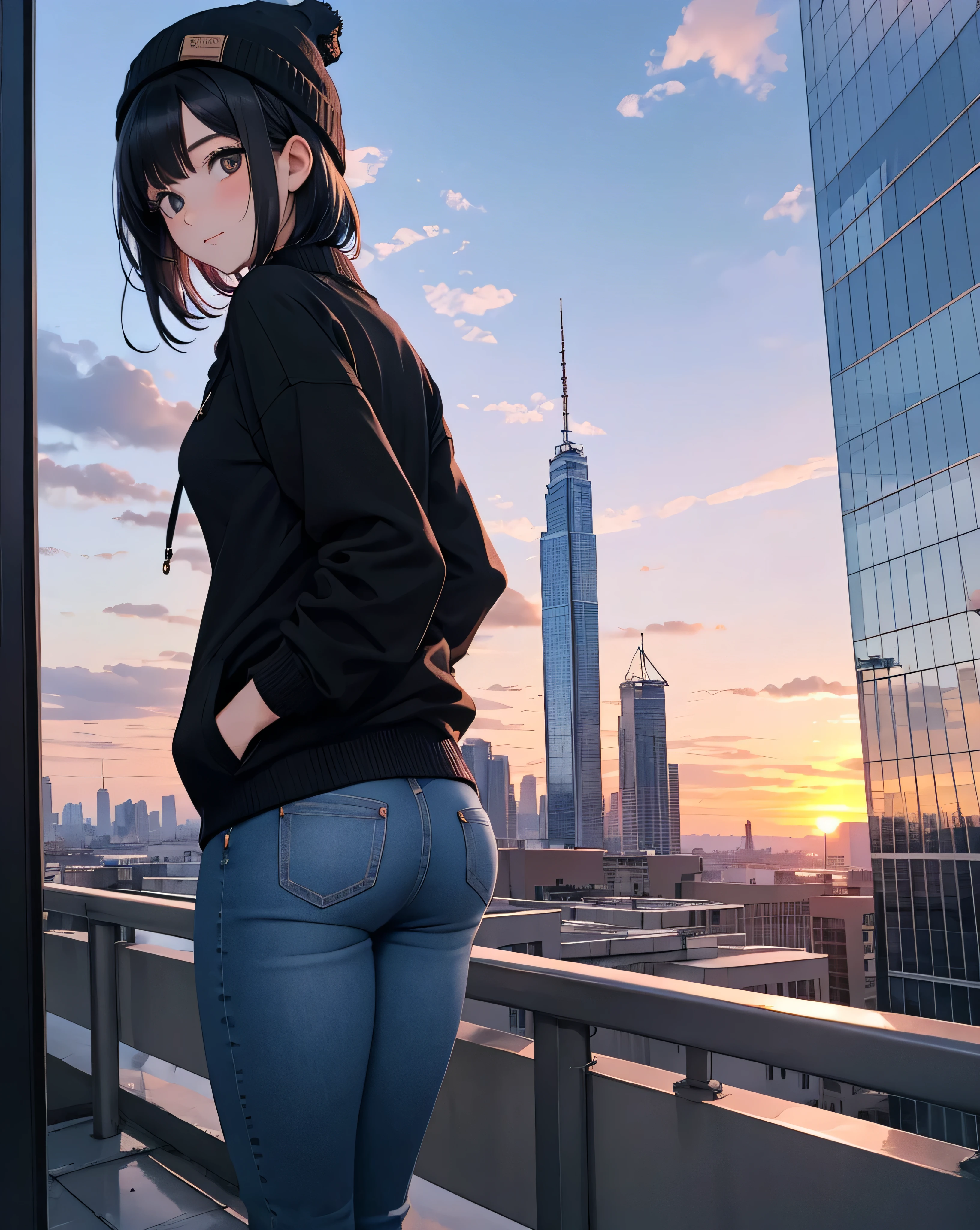 masterpiece, best quality, very aesthetic, absurdres.1girl.short black hair.knit hat..Sukajan.jeans.In town.skyscraper.sunset.Twilight.back view.put both hands in pockets,