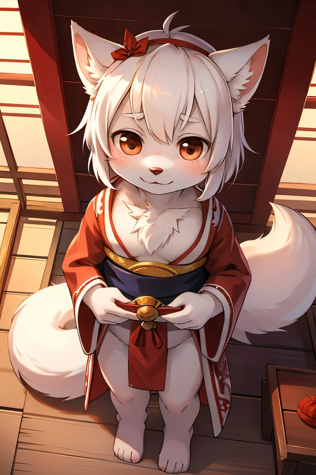 dynamic angle , 1 hairy furry white fox cub boy , Short stature , realistic hairy fur , Round face, round eyes , neat hair ties , Japanese Shrine Maiden Clothing, in the Inari Shrine , a cub boy in Miko clothing, looking at viewer, almost naked,