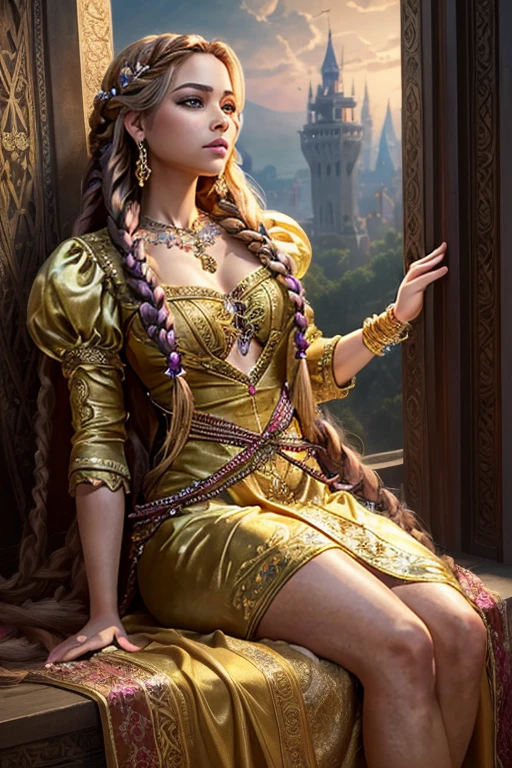 a provocative rapunzel, intricate braided hair adorned with jewels, waiting for prince to rescue from tower of desire, detailed hyper realistic portrait, dramatic lighting, cinematic, highly detailed, 8k, realistic, masterpiece