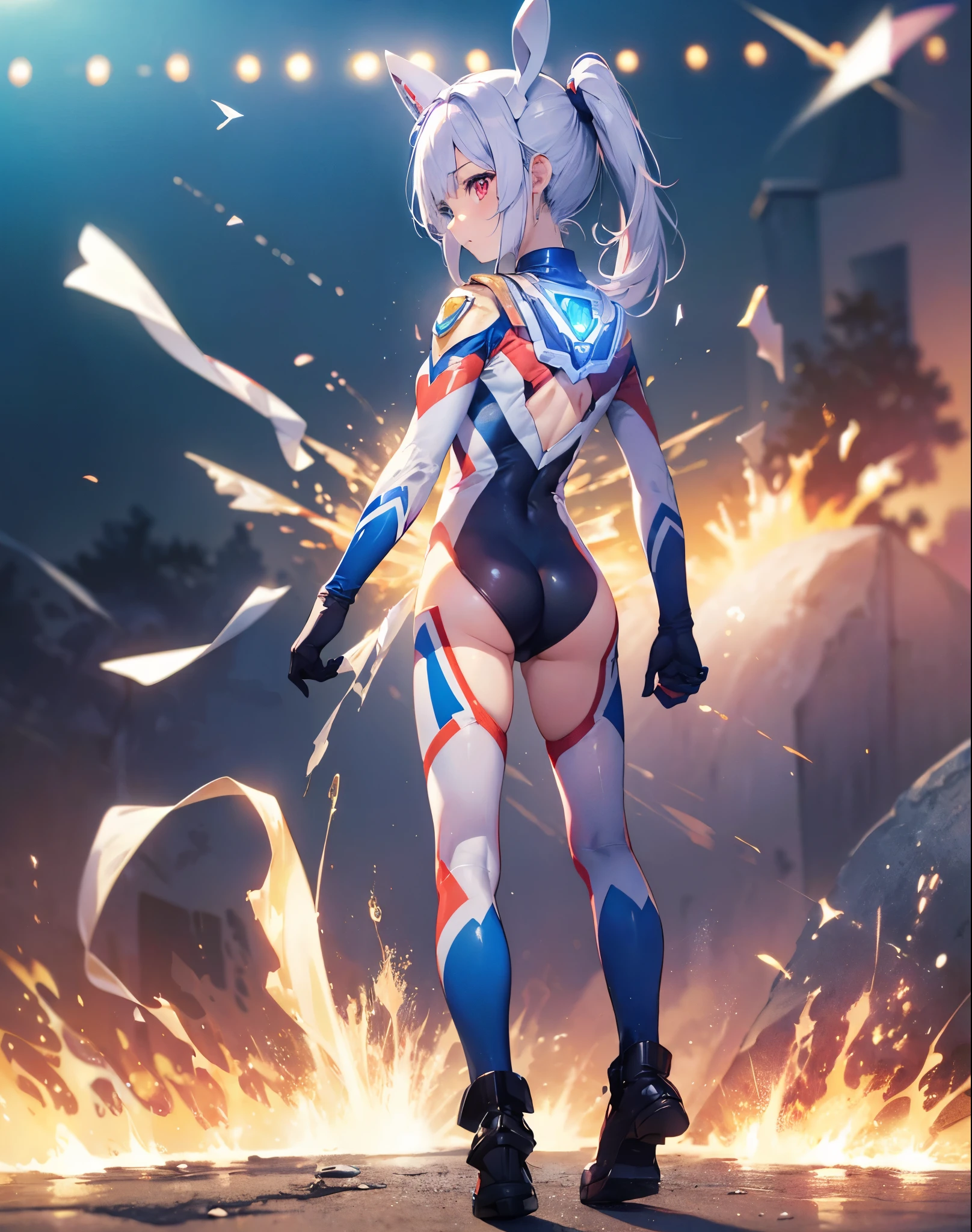 (Close-up:1.3),Realistic,highest quality, Ultra Detail, High-quality CG rendering, The most delicate and beautiful, Floating softly, High resolution, (1 girl), (Highest quality,4K,8K,masterpiece:1.2) ,Light purple hair,Rabbit,Bunny ears,ponytail,Red eyes,(Ultra Girl:1.0),(Bright blue Ultraman bodysuit:1.4),(Blue gloves:1.3),(Blue shoes:1.3),(whole body:1.3),(Turn your back to your audience:1.3),