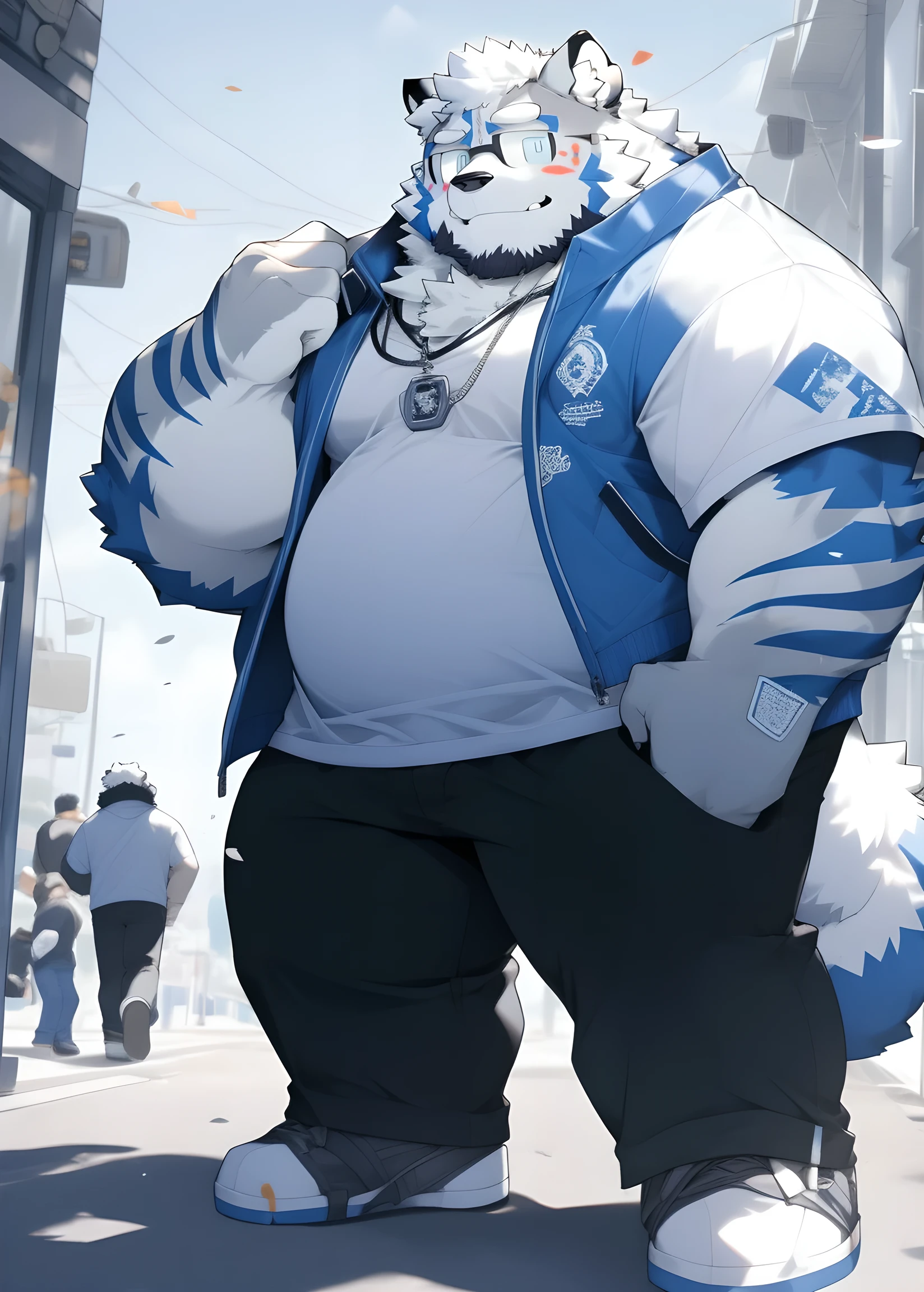 hairy,male,Common,full-body shot, Dynamic poses,Detailed background,Extremely lifelike shadow,masterpiece,Very detailed,lifelike,(best quality),hairy,Samoyed,white hair,Blue pupils,Smile(blush 1.1),(Black casual wear 1.2),8K,(high quality),Pure white fur,(Rainbow pattern on forehead and ears 1.7),It changes to different colors depending on your mood。Chubby body,Soft and elastic。(The fluffy tail also has a rainbow-colored ring pattern 1.7)。Wearing oversized casual wear,Black and white mechanic jacket,Semi-black-framed glasses,Wearing white socks and sandals