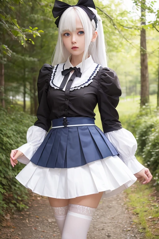 white hair,blue eyes, , long sleeves, ribbon, closed mouth, , white shirt, pleated skirt, frills, puffy sleeves, brown skirt, black thighhighs, red ribbon, neck ribbon