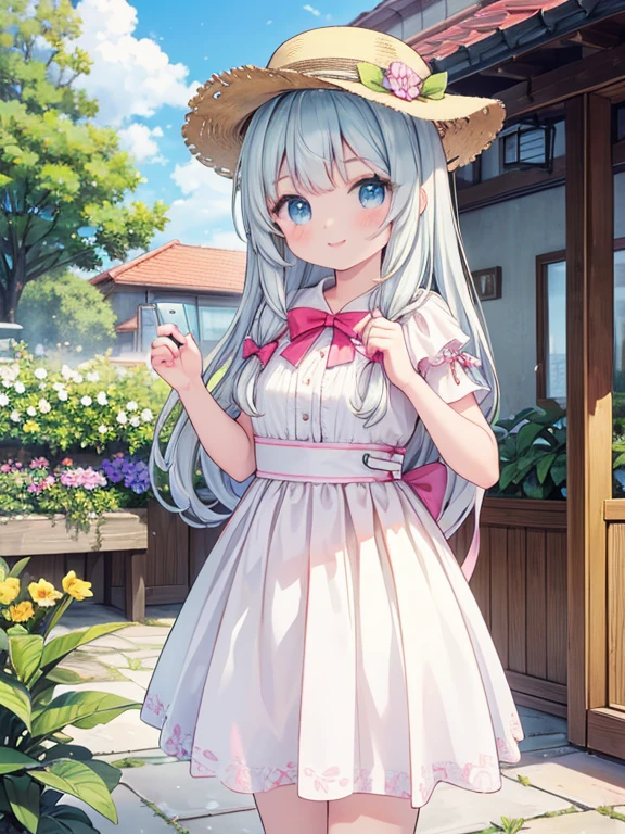 masterpiece, highest quality, Very detailed, 16k, Ultra-high resolution, Cowboy Shot, Detailed face, Perfect Fingers, 14-year-old girl, smile, Western-style building, garden, sagiri_izumi